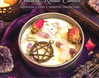 Candela rituale in soia / Ciondolo a forma di pentagramma o albero della vita / Candela di cristallo / Candela alla lavanda e botanica / Candela da altare / Candela per meditazione/yoga