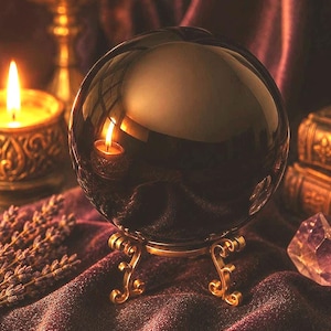 May include: A polished, spherical black crystal ball resting on an ornate, gold-toned metal stand with curved legs. The smooth, reflective surface of the sphere captures the warm, glowing light of a nearby candle flame, creating a bright reflection.
