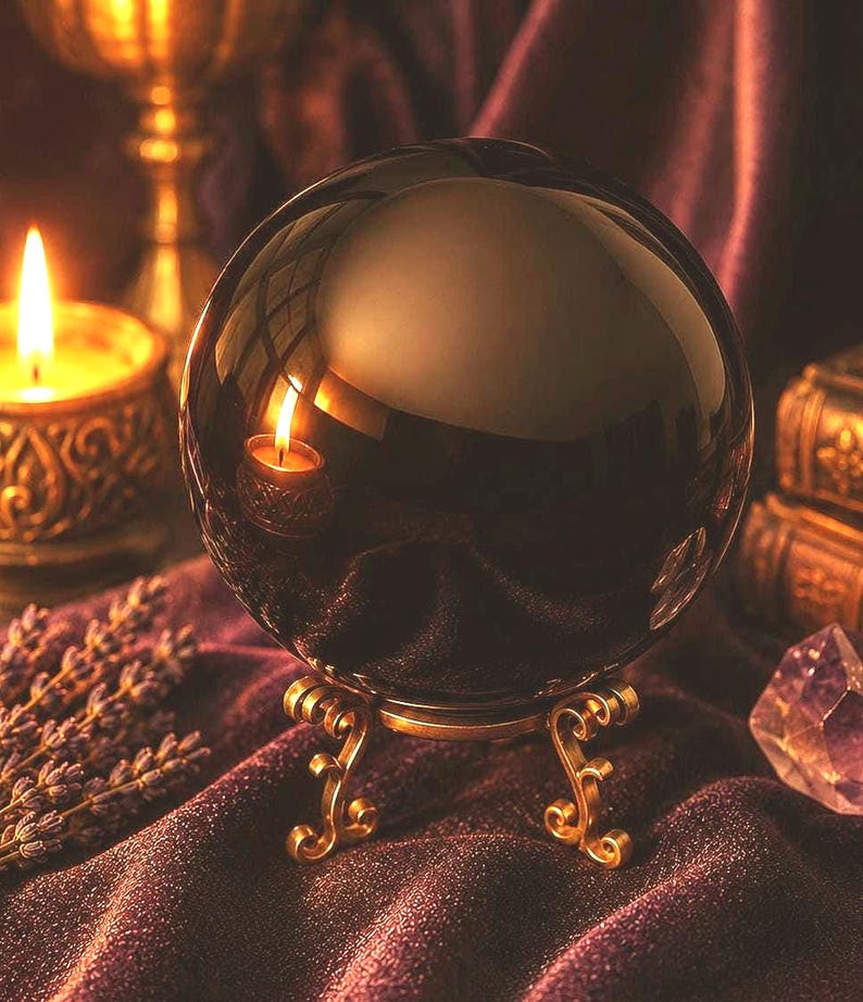May include: A polished, spherical black crystal ball resting on an ornate, gold-toned metal stand with curved legs. The smooth, reflective surface of the sphere captures the warm, glowing light of a nearby candle flame, creating a bright reflection.