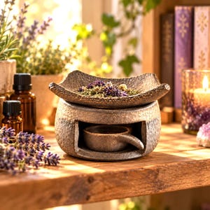 May include: A round, textured, dark gray ceramic oil burner with a wide, square-edged top dish filled with dried lavender buds. The burner features a central opening containing a small, matching ceramic bowl with a handle for a tea light candle.
