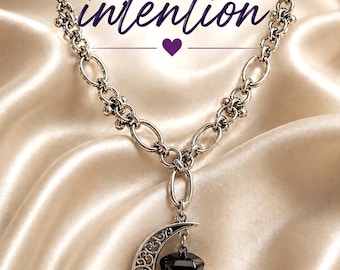 Schwarzer Obsidian und Halbmond Halskette, mit Edelstahl Kette, spiritueller Schmuck, Intention Halskette Geschenk