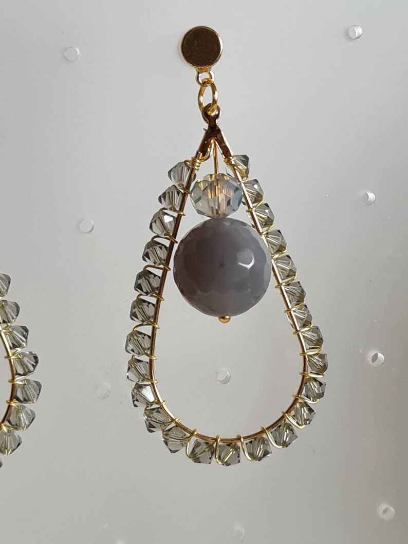 24K Real Gold Plated Brass Round Earring Studs with Water Drop Shape Pendants with faceted crystals and big crystal beads