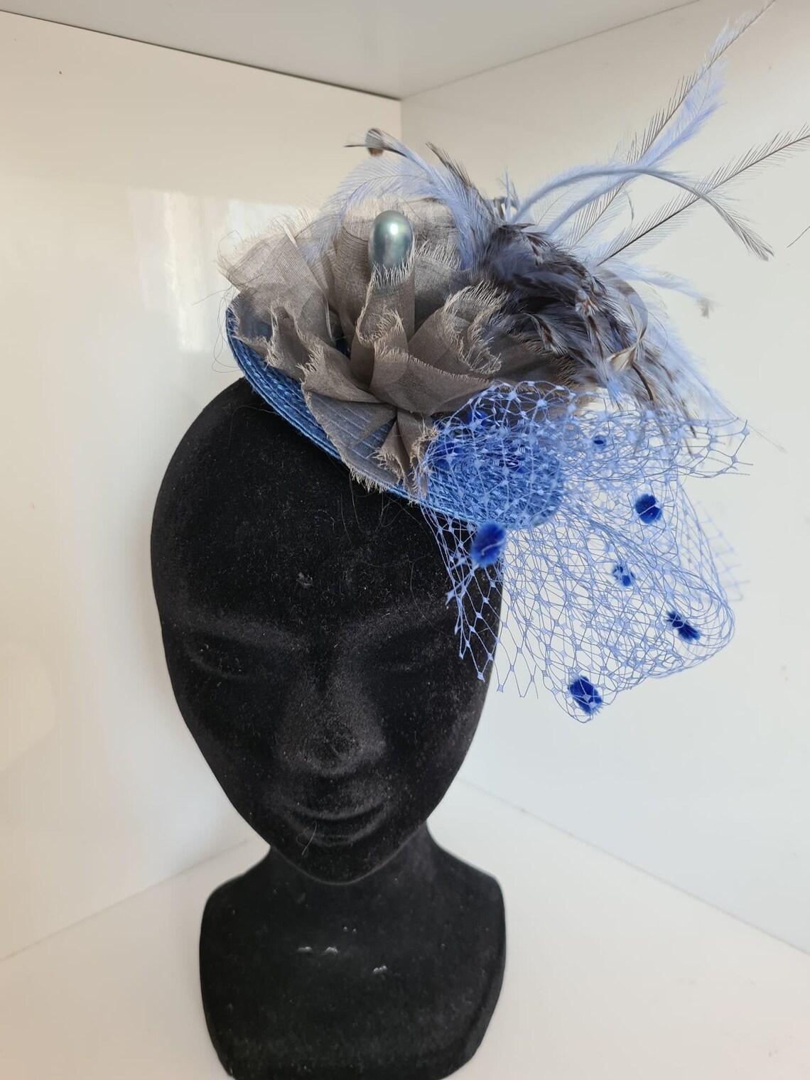 Blue and grey fascinator with feathers and Etsy