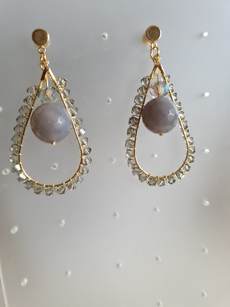 24K Real Gold Plated Brass Round Earring Studs with Water Drop Shape Pendants with faceted crystals and big crystal beads