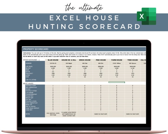 House Hunting Scorecard and Ranking Excel Spreadsheet Home Buyer