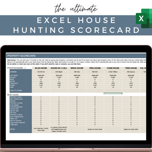 House Hunting Scorecard and Ranking Excel Spreadsheet | Home Buyer | Realtor | First Time Home Buyer | Wishlist | Must Haves