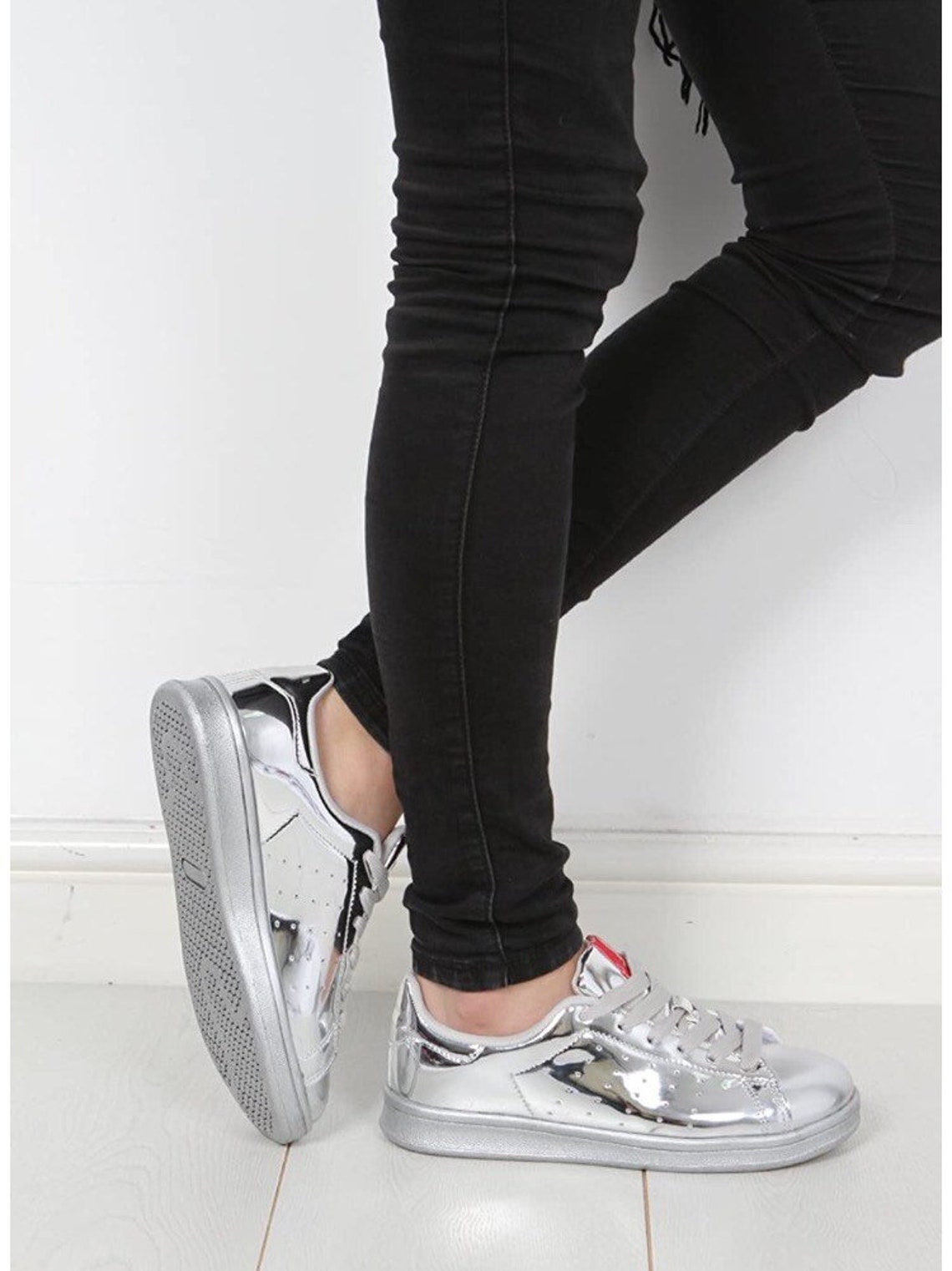 Womens High Fashion Silver Sneakers High Chic Party Trainers Etsy