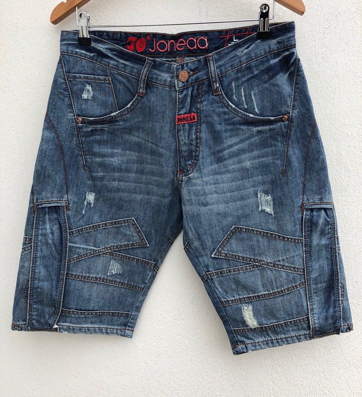 Image of Mens Distressed 1990S Vintage Denim Shorts Regular Fit Half Jeans Navy Blue Size L Xl Tattoo Print Funky Gothic Straps Bermuda