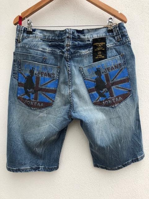 Image of Mens Distressed 1990S Vintage Denim Shorts Union Jack Uk Flag Print Half Jeans Navy Blue Size M, L Tattoo Funky Joneaa Bermuda