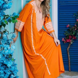 Frauen Baumwollkaftan, Boho Maxi Kaftan, ägyptische Stickerei Abaya, Sommerkleidung, Hochzeit, schickes Kleid
