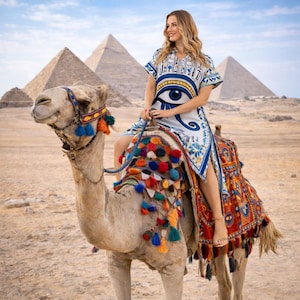Casual styled image of embroidered Egyptian abaya with V-neck and clean relaxed silhouette