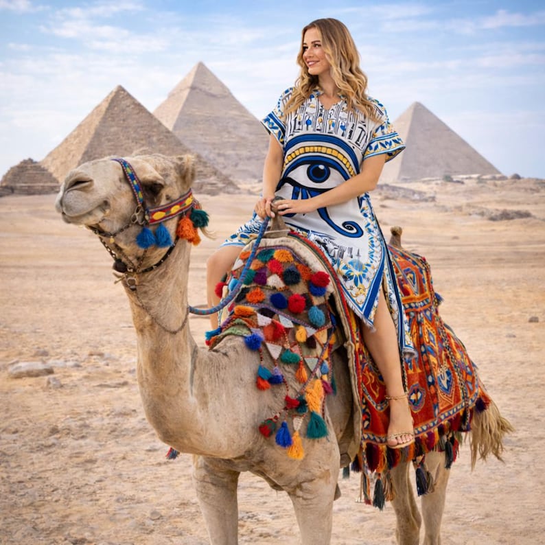Casual styled image of embroidered Egyptian abaya with V-neck and clean relaxed silhouette