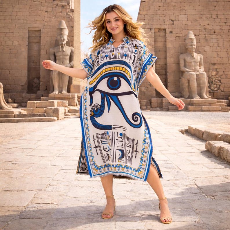Casual styled image of embroidered Egyptian abaya with V-neck and clean relaxed silhouette