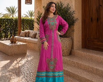 Frauen Baumwollkaftan, Boho Maxi Kaftan, ägyptische Stickerei Abaya, Sommerkleidung, Hochzeit, schickes Kleid