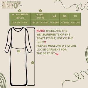 May include: Diagram of an abaya with measurements. The around width is 49 inches (126 cm), and the length is 48.8 inches (124 cm). The text states these are the abaya's measurements, not the body's. All sizes are available.