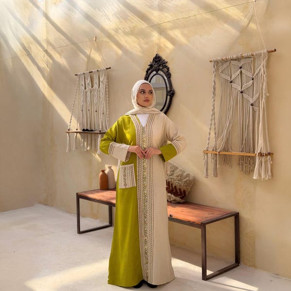 Kaftan lniany dla kobiet, maxi kaftan boho, abaja z egipskim haftem, ubrania letnie, elegancka suknia ślubna