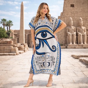 Casual styled image of embroidered Egyptian abaya with V-neck and clean relaxed silhouette