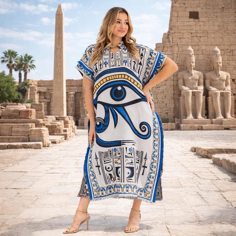 Casual styled image of embroidered Egyptian abaya with V-neck and clean relaxed silhouette