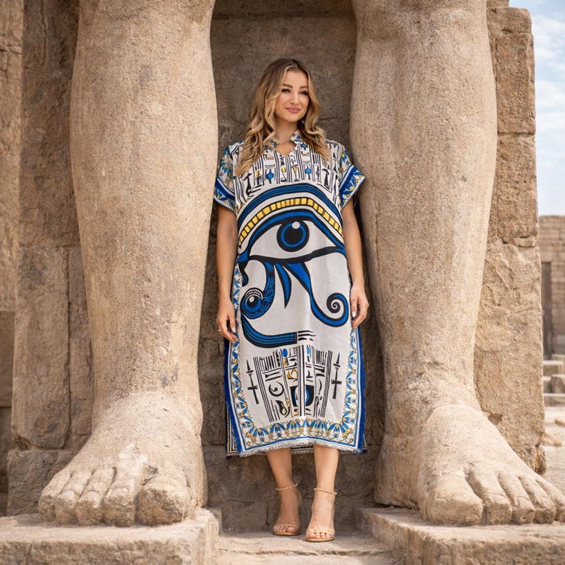Casual styled image of embroidered Egyptian abaya with V-neck and clean relaxed silhouette