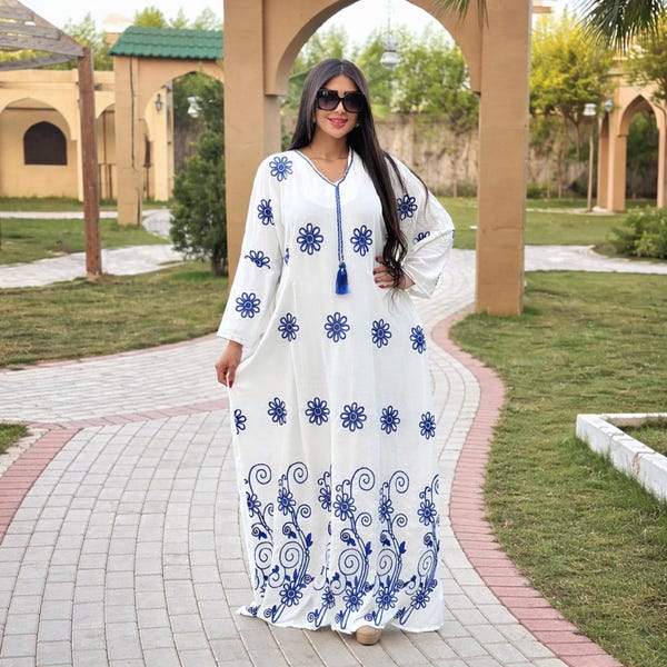 Women Embroidered Floral Linen Kaftan Dress – Free Size Modest Abaya, Elegant Everyday & Occasion Wear