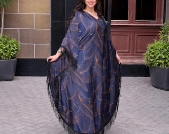 Free Size Satin Abaya Kaftan – Loose Fit Leaf Pattern Modest Luxury Caftan Wear