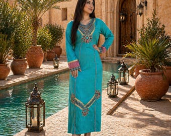 Frauen Baumwollkaftan, Boho Maxi Kaftan, ägyptische Stickerei Abaya, Sommerkleidung, Hochzeit, schickes Kleid