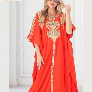 Elegant Embroidered Moroccan Kaftan Gown – Free Size Traditional Farasha Abaya with Luxe Golden Detailing for Special Occasions | Luxurious