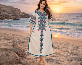 women Cotton caftan, boho maxi kaftan, egyptian embroidery abaya, summer clothes, wedding chic dress