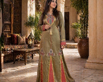 Frauen Baumwollkaftan, Boho Maxi Kaftan, ägyptische Stickerei Abaya, Sommerkleidung, Hochzeit, schickes Kleid