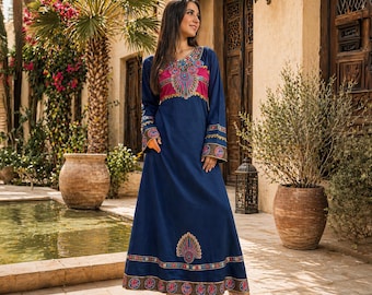 Frauen Baumwollkaftan, Boho Maxi Kaftan, ägyptische Stickerei Abaya, Sommerkleidung, Hochzeit, schickes Kleid