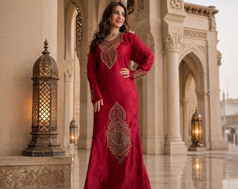 Frauen Baumwollkaftan, Boho Maxi Kaftan, ägyptische Stickerei Abaya, Sommerkleidung, Hochzeit, schickes Kleid