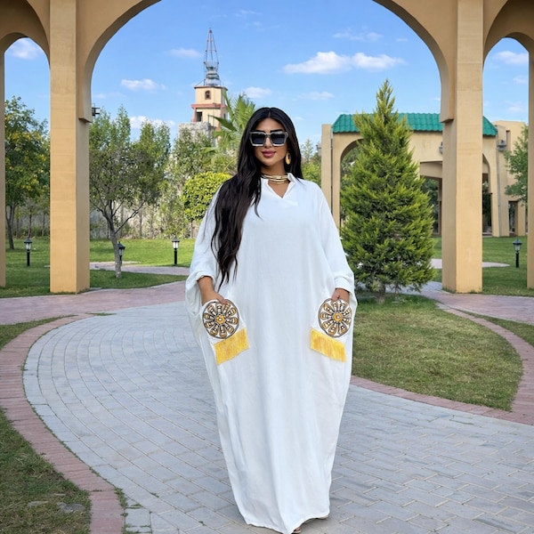 Haftowana lniana abaja kaftan, arabska sukienka maxi z kieszeniami