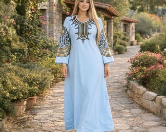Frauen Baumwollkaftan, Boho Maxi Kaftan, ägyptische Stickerei Abaya, Sommerkleidung, Hochzeit, schickes Kleid