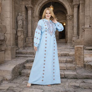 Caftán de lino para mujer, caftán maxi bohemio, abaya con bordado egipcio, ropa de verano, vestido elegante de boda