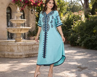 women Cotton caftan, boho maxi kaftan, egyptian embroidery abaya, summer clothes, wedding chic dress