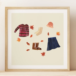 Cartel de otoño acogedora decoración de la pared dibujo acogedor cartel de ropa de otoño ilustración vintage otoño color suave dibujo hecho a mano