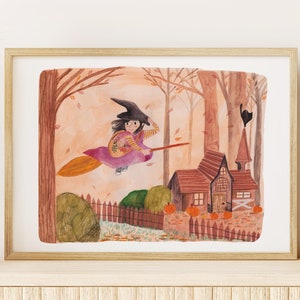 Cartel de brujita habitación de bebé ilustración linda dibujo de naturaleza collage ilustración divertida cartel de otoño de halloween infantil