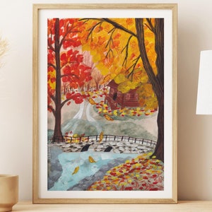Poster cottage in legno cameretta per bambini illustrazione carina natura disegno collage accogliente illustrazione colori caldi poster autunnale