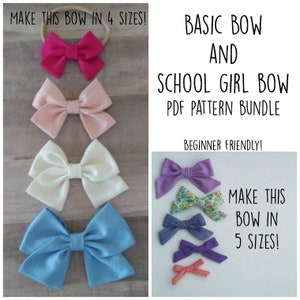 May include: A set of four DIY bow patterns in pink, peach, white, and blue. The patterns are for making hair bows in four sizes. The text on the image reads "Make this bow in 4 sizes!" and "Basic Bow and School Girl Bow PDF Pattern Bundle. Beginner Friendly!"