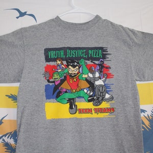 Vintage Teen Titans "Waarheid, Justitie, Pizza" Cartoon Grafisch T-shirt