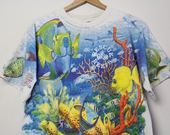 Vintage Rescue our Reefs Ocean Aquatic Fish All Over Print Wrap Around Graphic T-Shirt