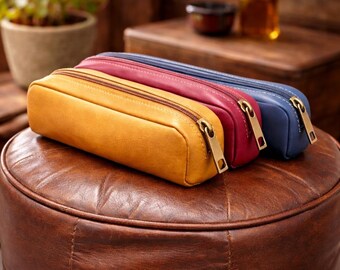 Handmade Full Grain Leather Pencil Pouch: Rustic Zipper Pen Case, Stationery Organizer