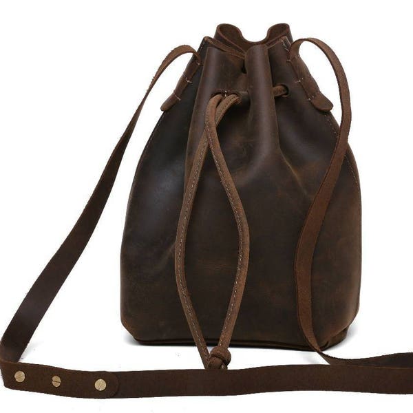 Vintage Bucket Bag , Mini Drawstring Leather Bag, Hunter Leather- Handmade Treasuree