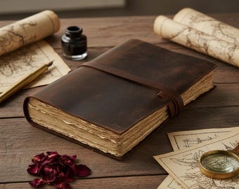 Handcrafted Full Grain Leather Journal Diary, Antique Deckle Paper Travel Notebook