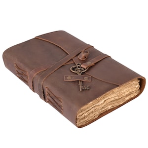 Leather Journal-Handmade Deckle Edge Paper, leather vintage handmade key journal