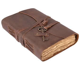 Leren dagboek-handgemaakt papier met rand, leren vintage handgemaakt sleuteldagboek