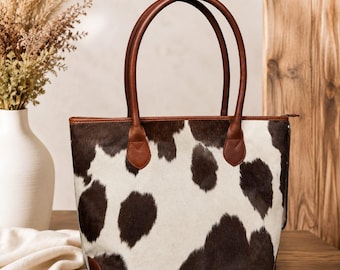 Handmade Hair-On Cowhide Leather Tote Bag | Western Shoulder Purse, Everyday Bag