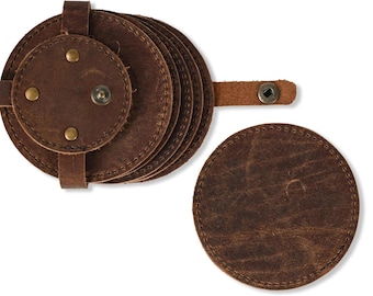 Set of 6 Genuine Leather Coasters with Holder, Rustic Drink Coasters