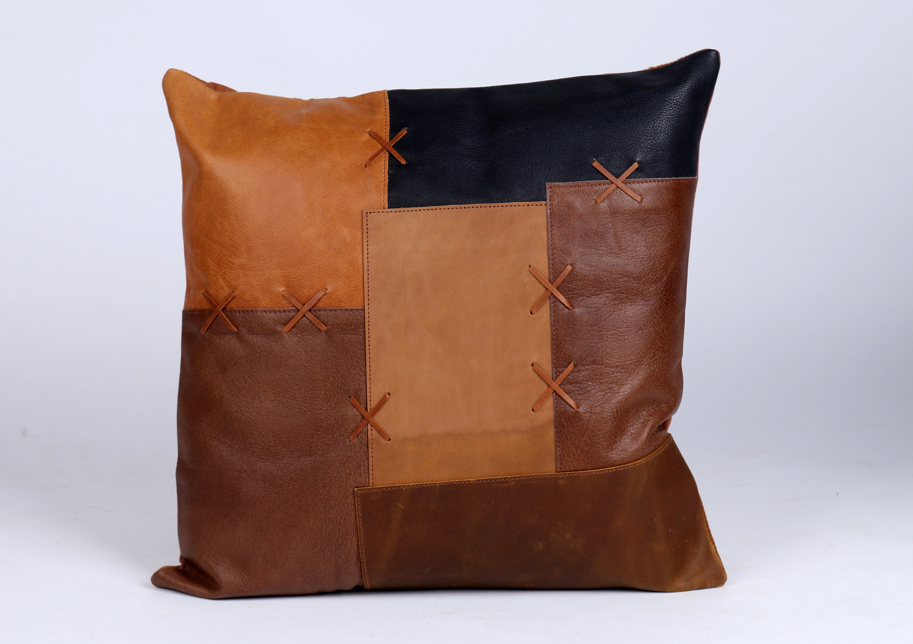 Handmade Patchwork Leather Cushion: Tan Decorative Pillow Cover