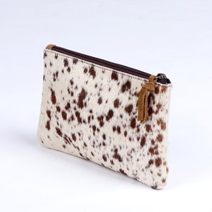 Brown and white cowhide coin and card purse, Cowhide brown mini clutch handmade purse image 2